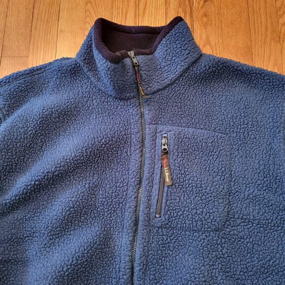 LL Bean XL Tall Blue Full Zip Fleece Jacket Pockets Stand Collar Deep Pile - Picture 2 of 6